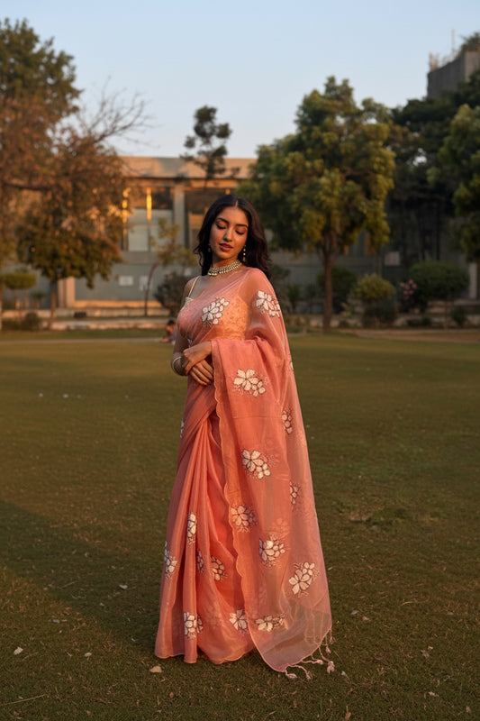 Coral Organza Embroidery Saree