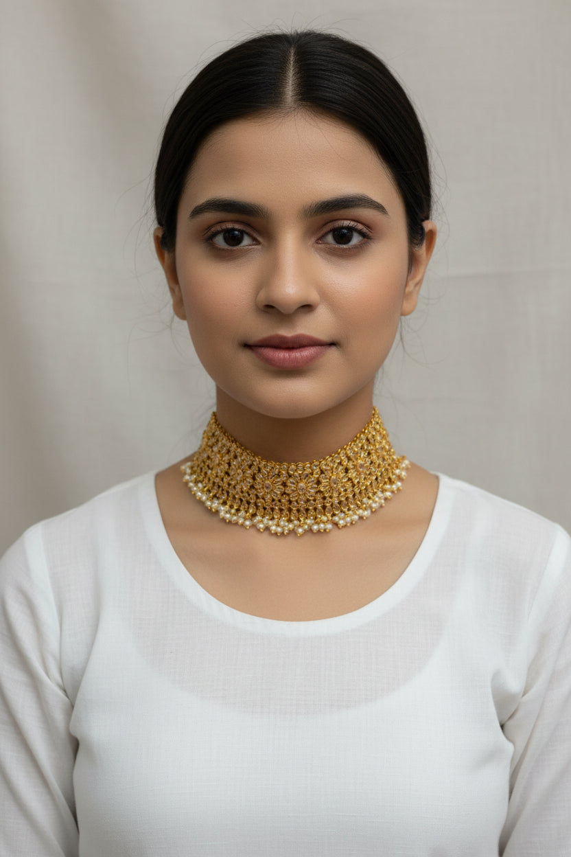A gold-colored choker necklace with a floral pattern and pearl-like embellishments.