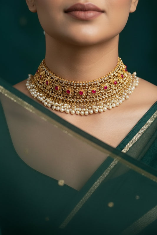 Red Floral Pearl Choker