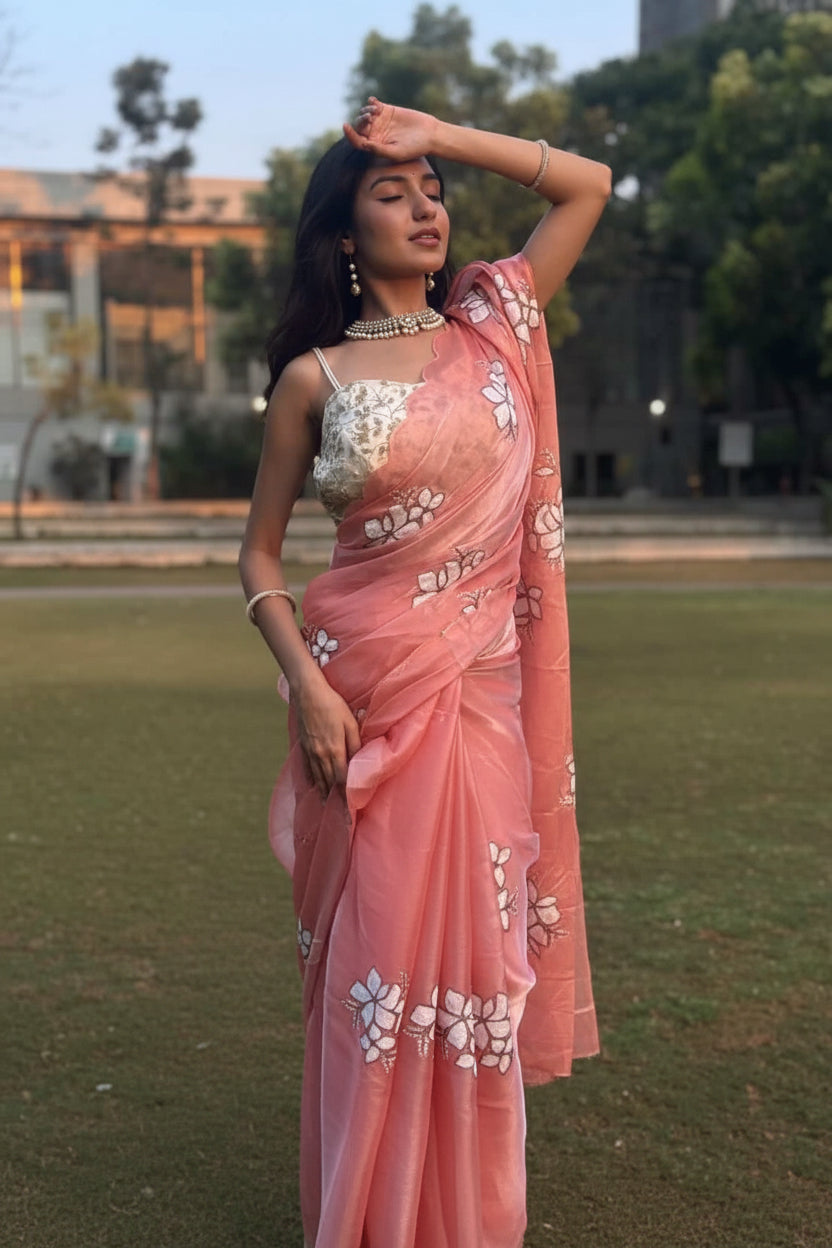 Coral Organza Embroidery Saree
