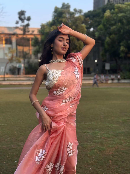 Coral Organza Embroidery Saree