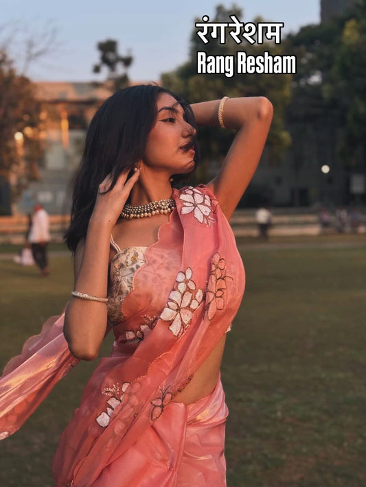 Coral Organza Embroidery Saree