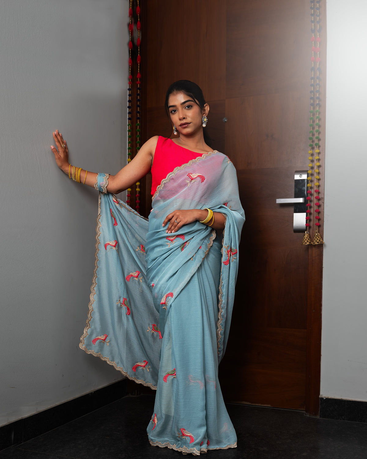 Powder Blue Organza Saree with Embroidery