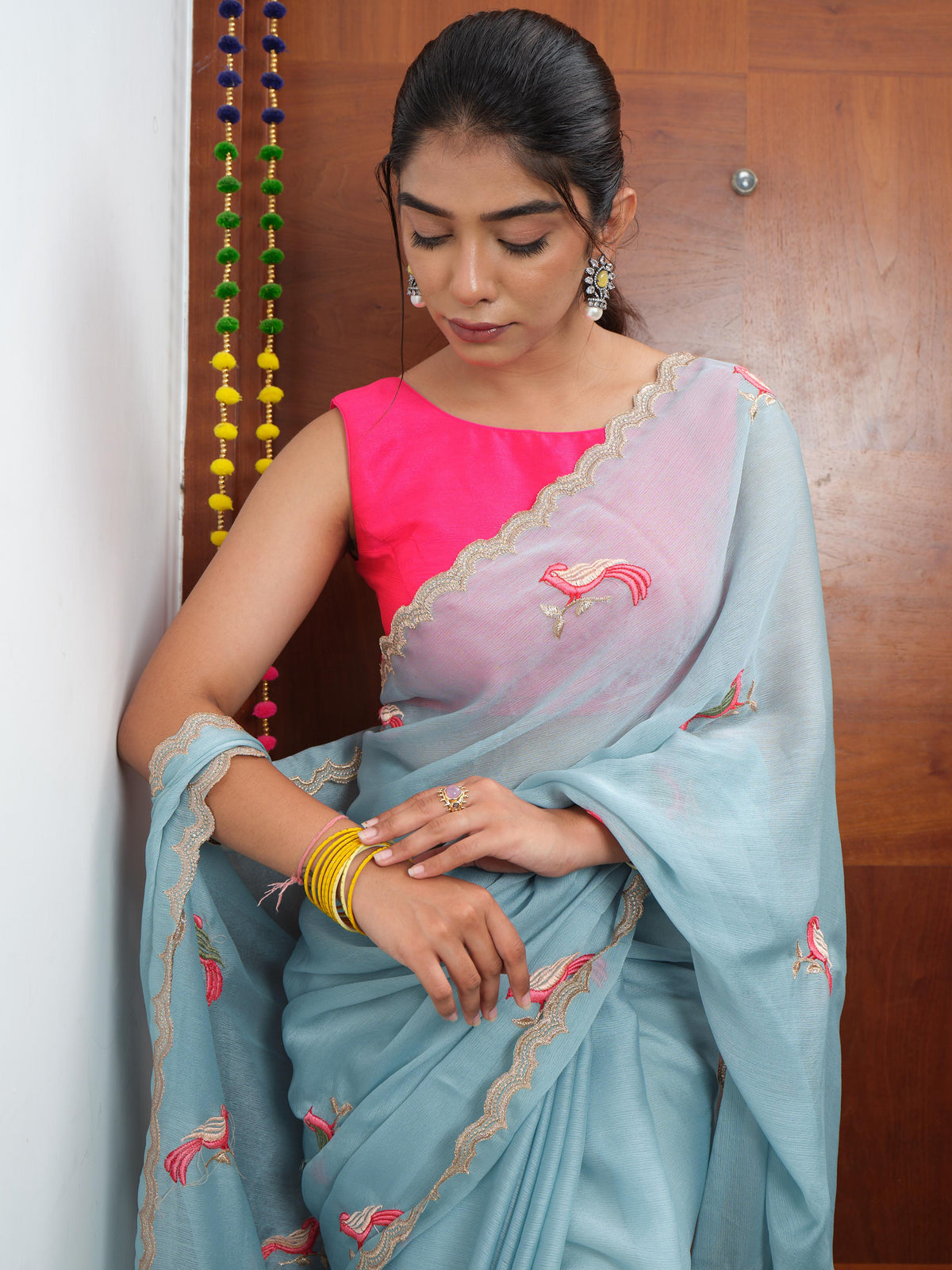Powder Blue Organza Saree with Embroidery
