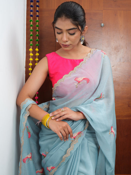 Powder Blue Organza Saree with Embroidery