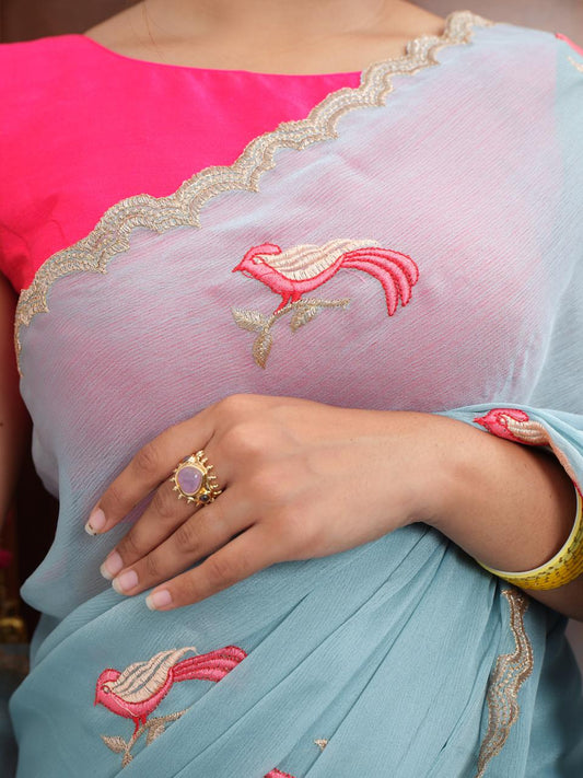 Powder Blue Organza Saree with Embroidery